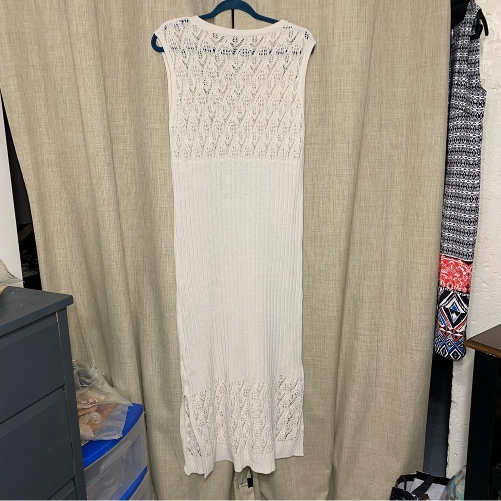 Zara Cream Crochet Knit Maxi Dress Sz M Sleeveless Side Slit Minimalist Coatal - Picture 13 of 14